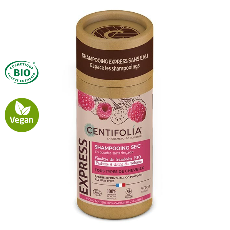 Shampoing sec en poudre framboise certifié Bio - Tous types de cheveux