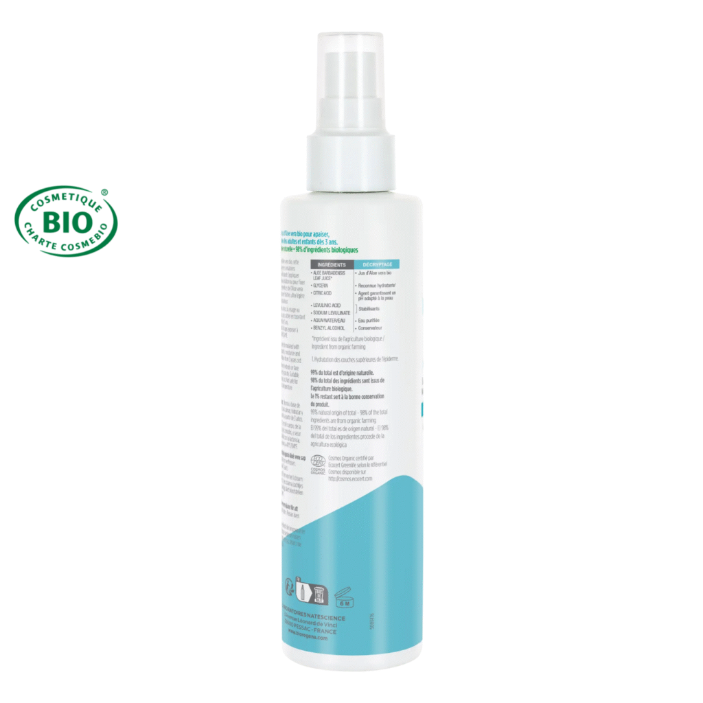 Brume apaisante 98% aloe vera certifiée Bio - visage, corps et cheveux - Dès 3ans