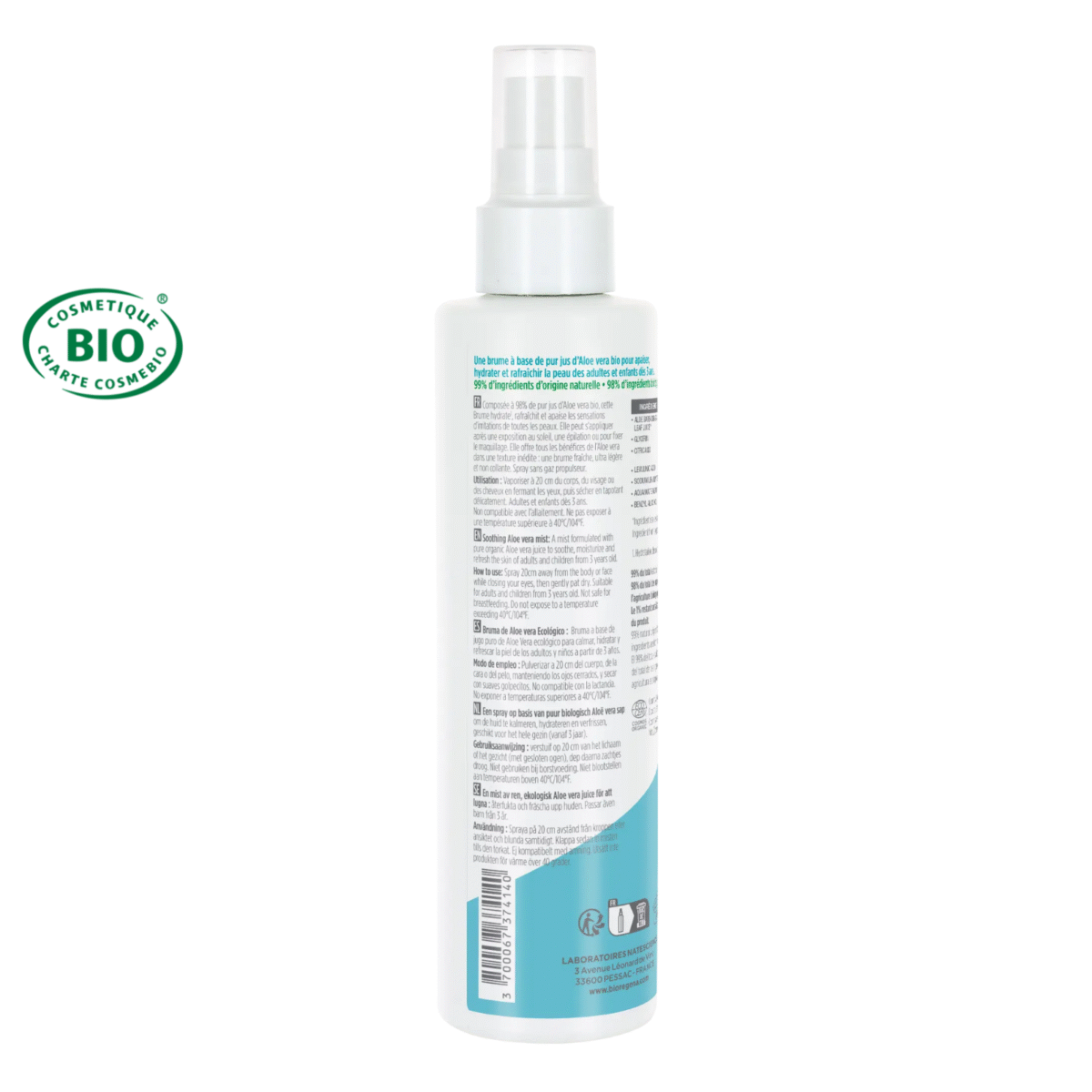 Brume apaisante 98% aloe vera certifiée Bio - visage, corps et cheveux - Dès 3ans