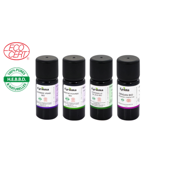 Pack été voyage vacance Lot de 4 Huiles essentielles certifiées Bio par Ecocert