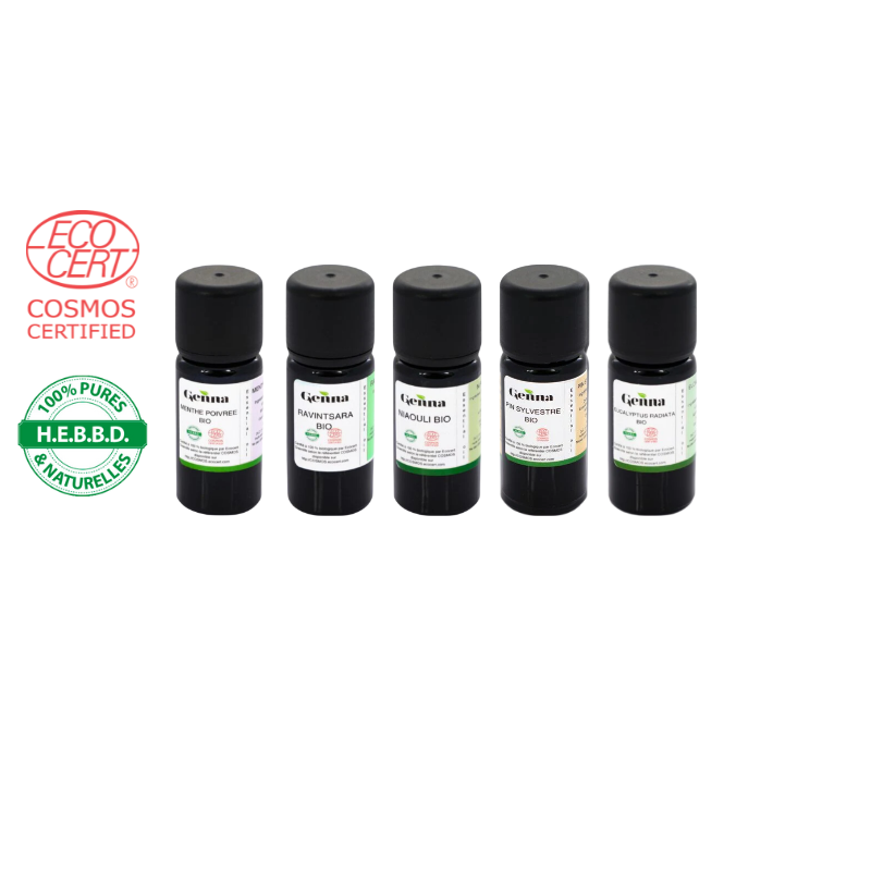 Pack Hiver immunité vacance voyage Lot de 5 Huiles essentielles certifiées Bio Cosmos Organic par Ecocert - Huile essentielle d'Eucalyptus Radiata